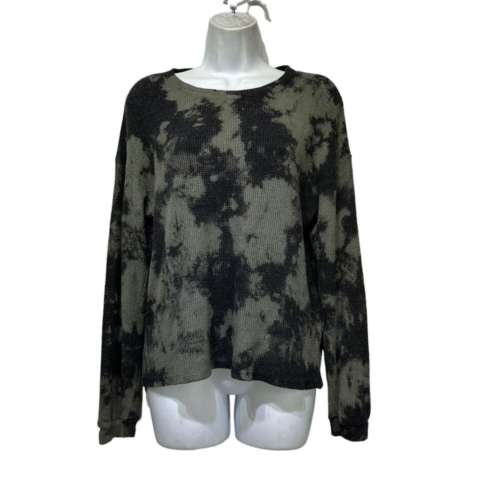 T Party Fashion Tie Dye Black Waffle Thermal Knit Sweater Tunic Shirt Size S